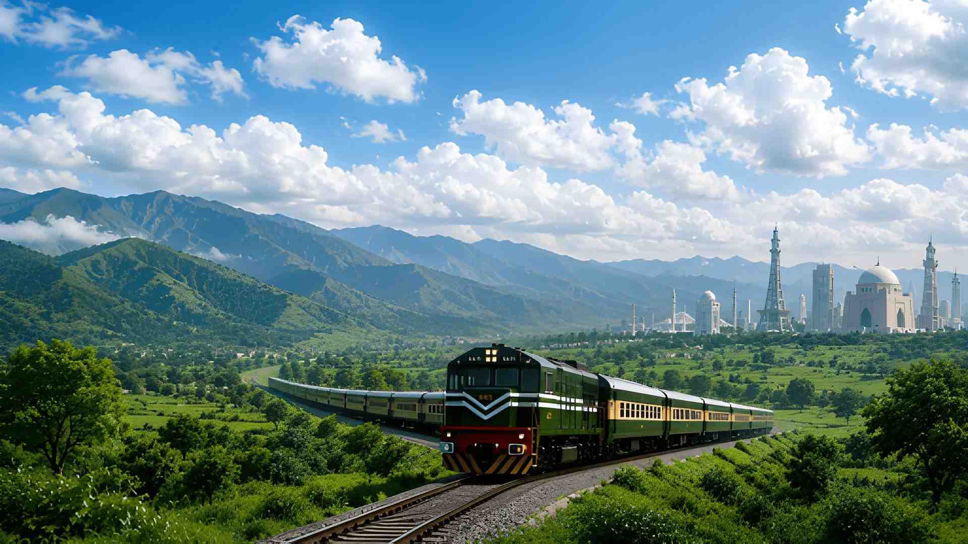 RailPass train travelling through Pakistan's green valleys